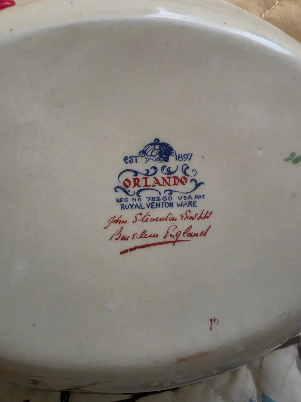 Hand-Painted Scenic Ceramic Serving Bowl in Red and Green